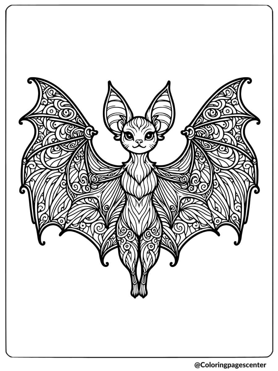 A bat with detailed patterns coloring page for adults