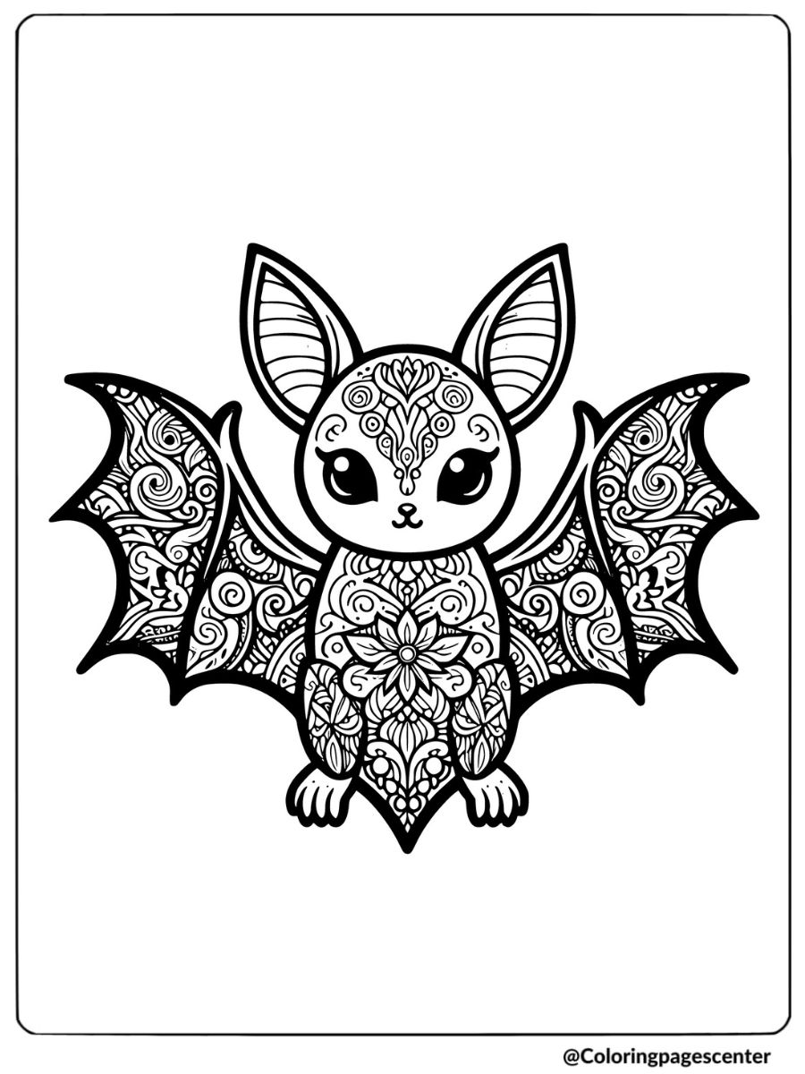 A bat with intricate floral patterns coloring page for adults