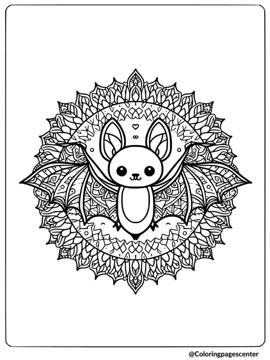 Bat coloring page for adults featuring a mandala background