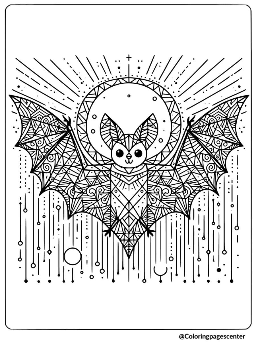 A bat with geometry-inspired designs coloring page for adults