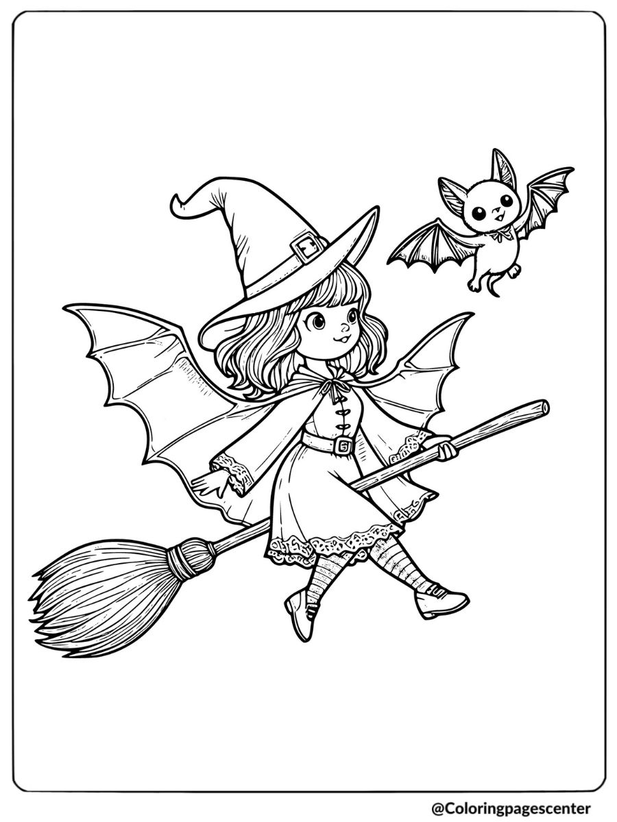 Bat flying beside a witch on a broom coloring page