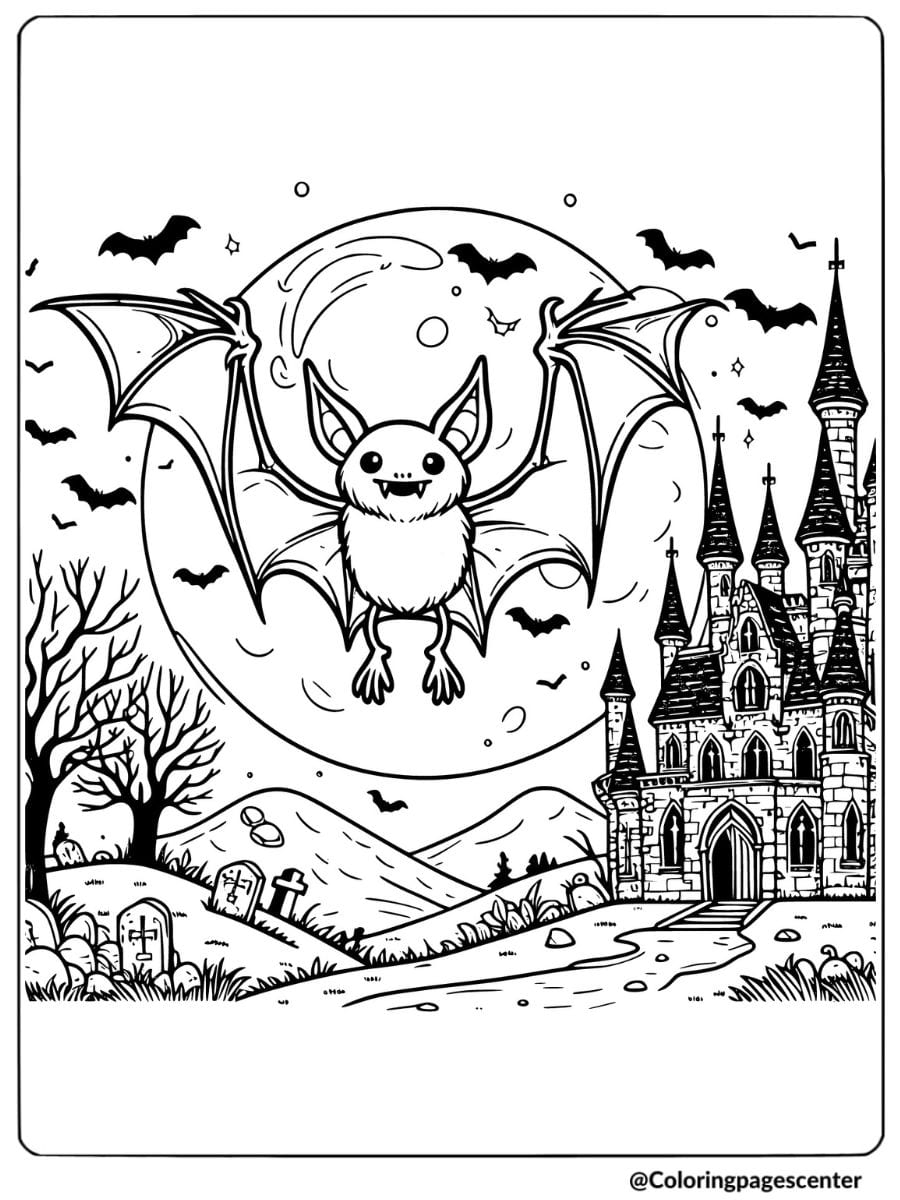 Bat flying near a spooky castle with full moon coloring page