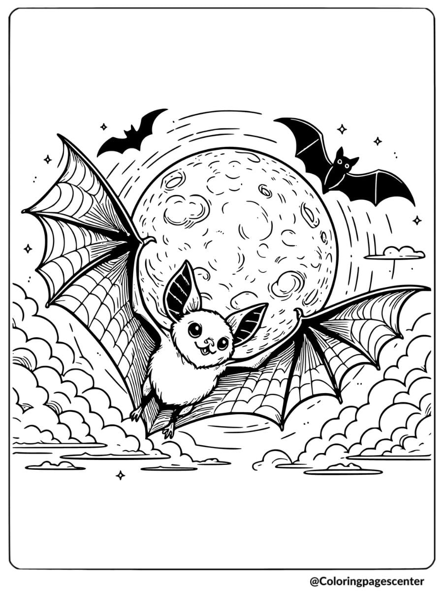 Bat flying with full moon in background coloring page