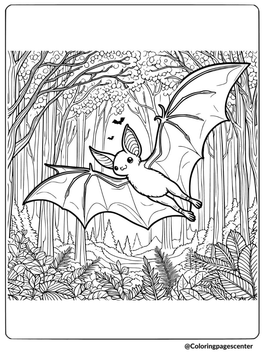 Bat flying over a forest in the daytime coloring page