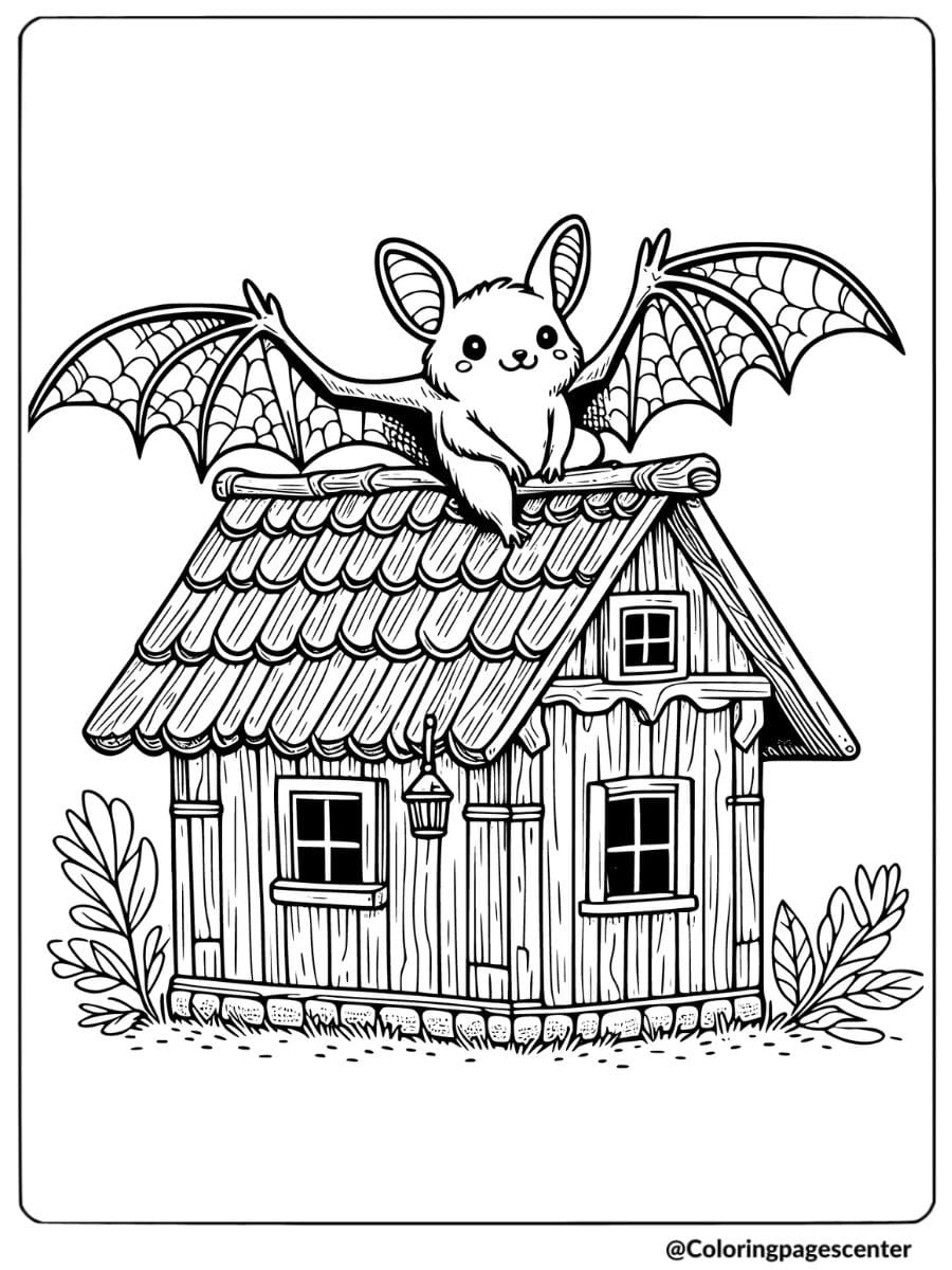 Bat sitting on the roof of a small house coloring page