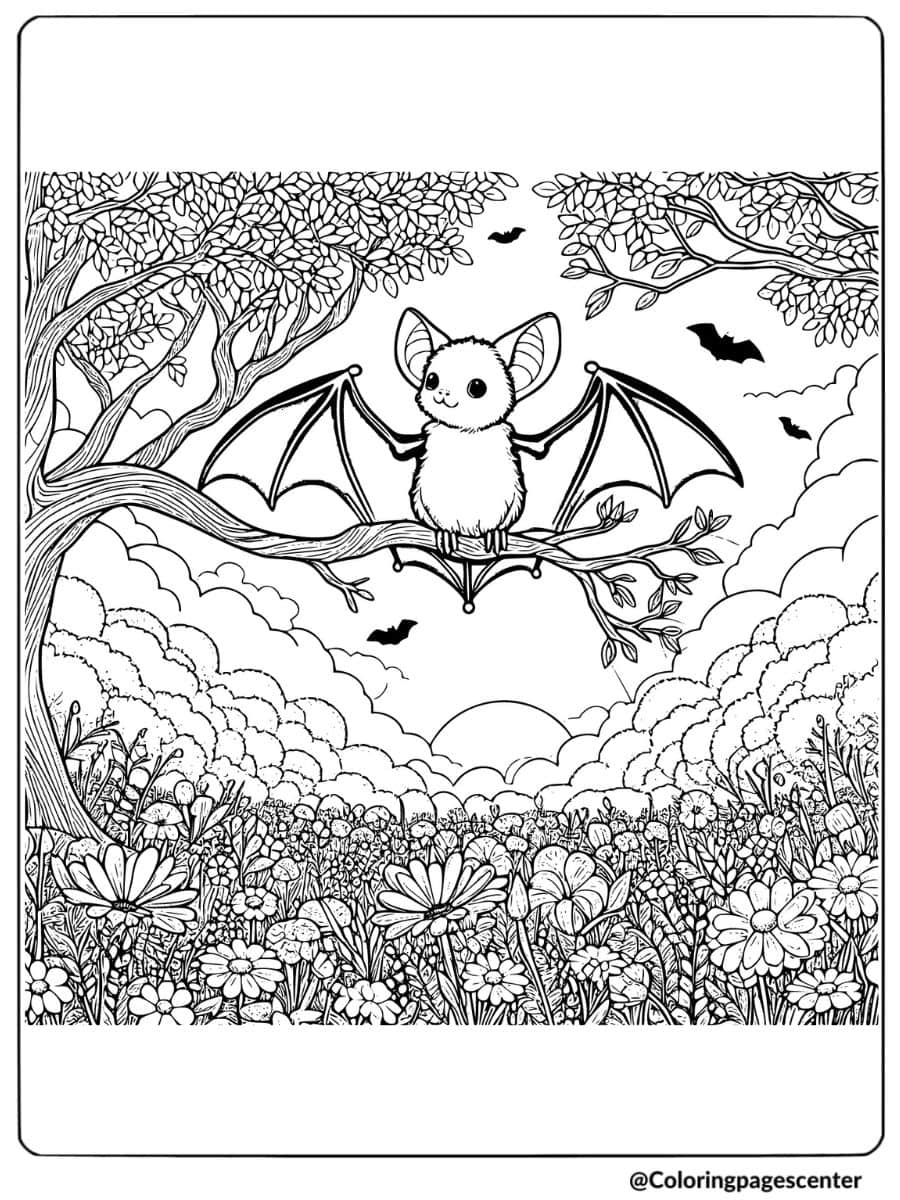 Cute bat sitting on a tree branch in a field coloring page