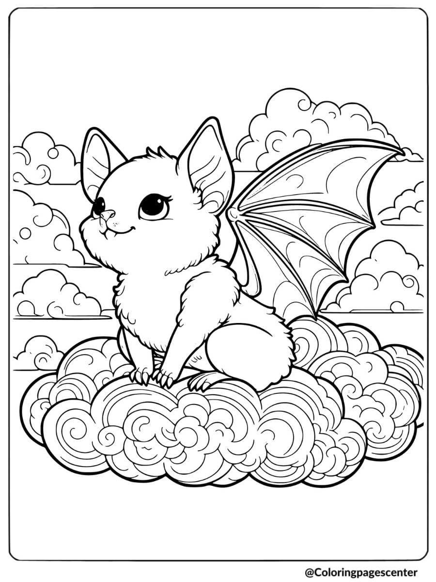 Adorable bat sitting on a cloud coloring page