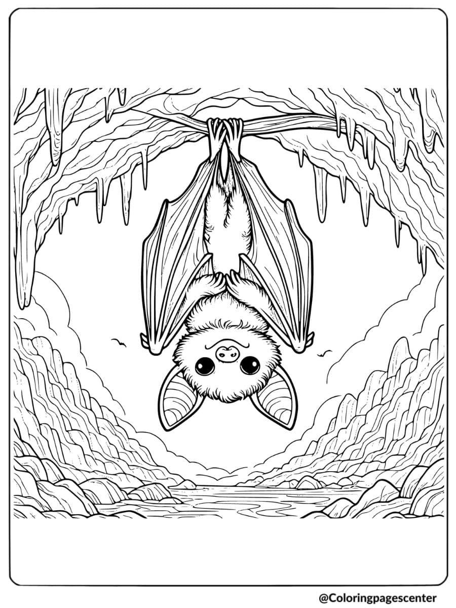 Bat hanging upside down in a cave coloring page