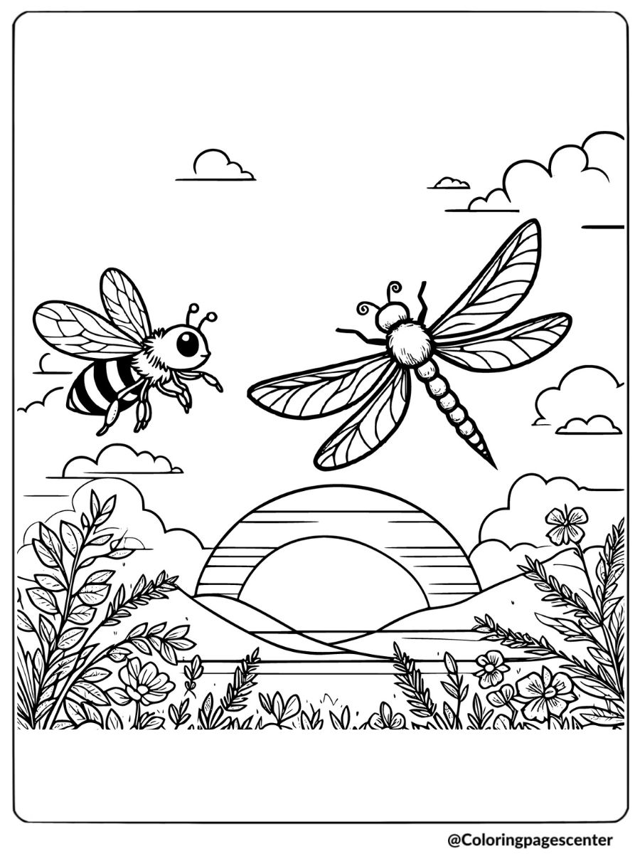 Bee and dragonfly over sunset scene coloring page