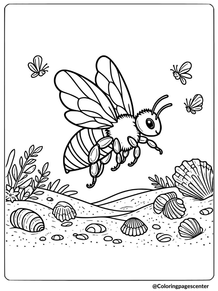 Bee flying over seashells on sandy ground coloring page