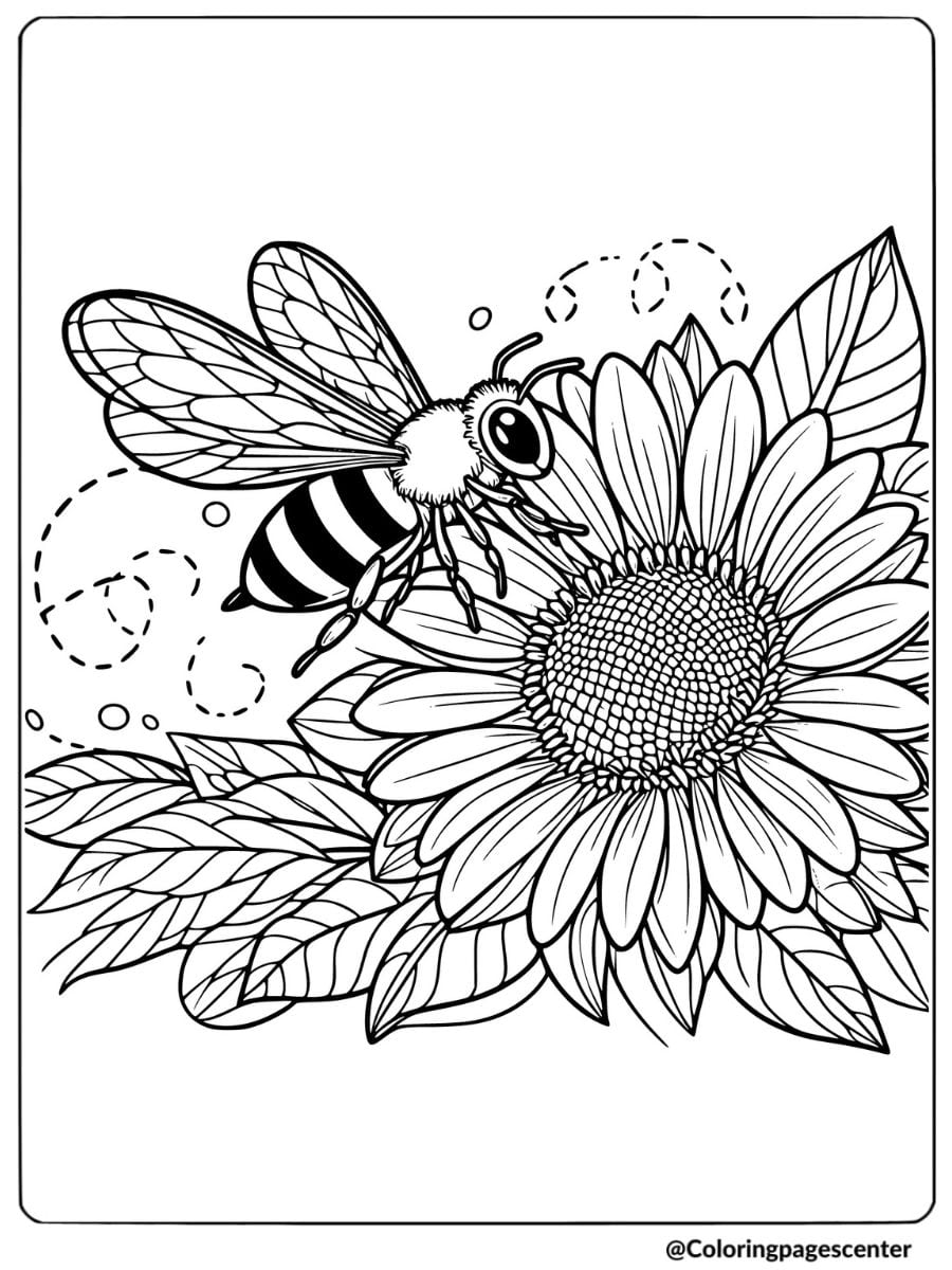 Bee collecting nectar from sunflower coloring page