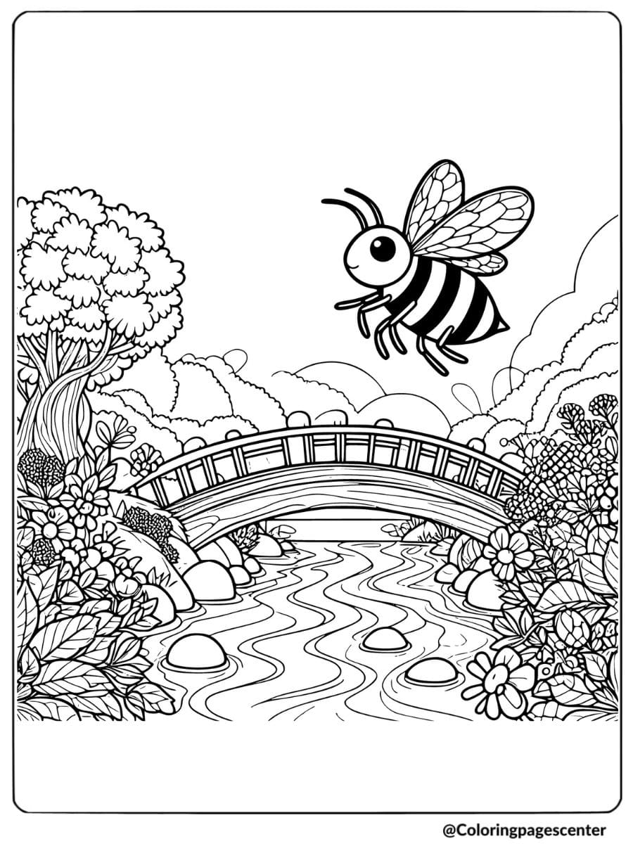 Bee flying above a bridge in nature coloring page