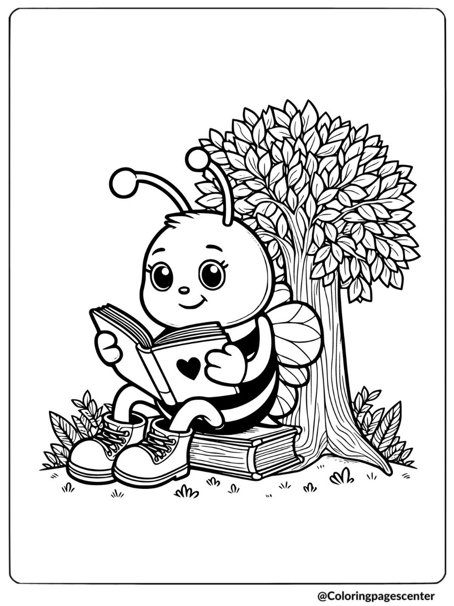 Cute bee reading under a tree coloring page