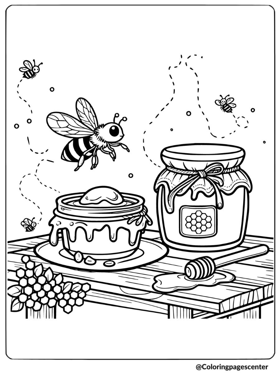 Bee flying near honey jar and dish coloring page