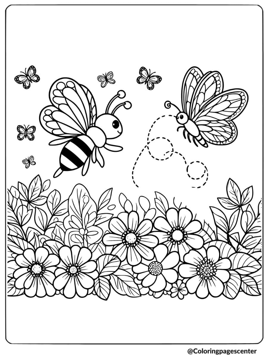 Bees and butterflies with flowers coloring page