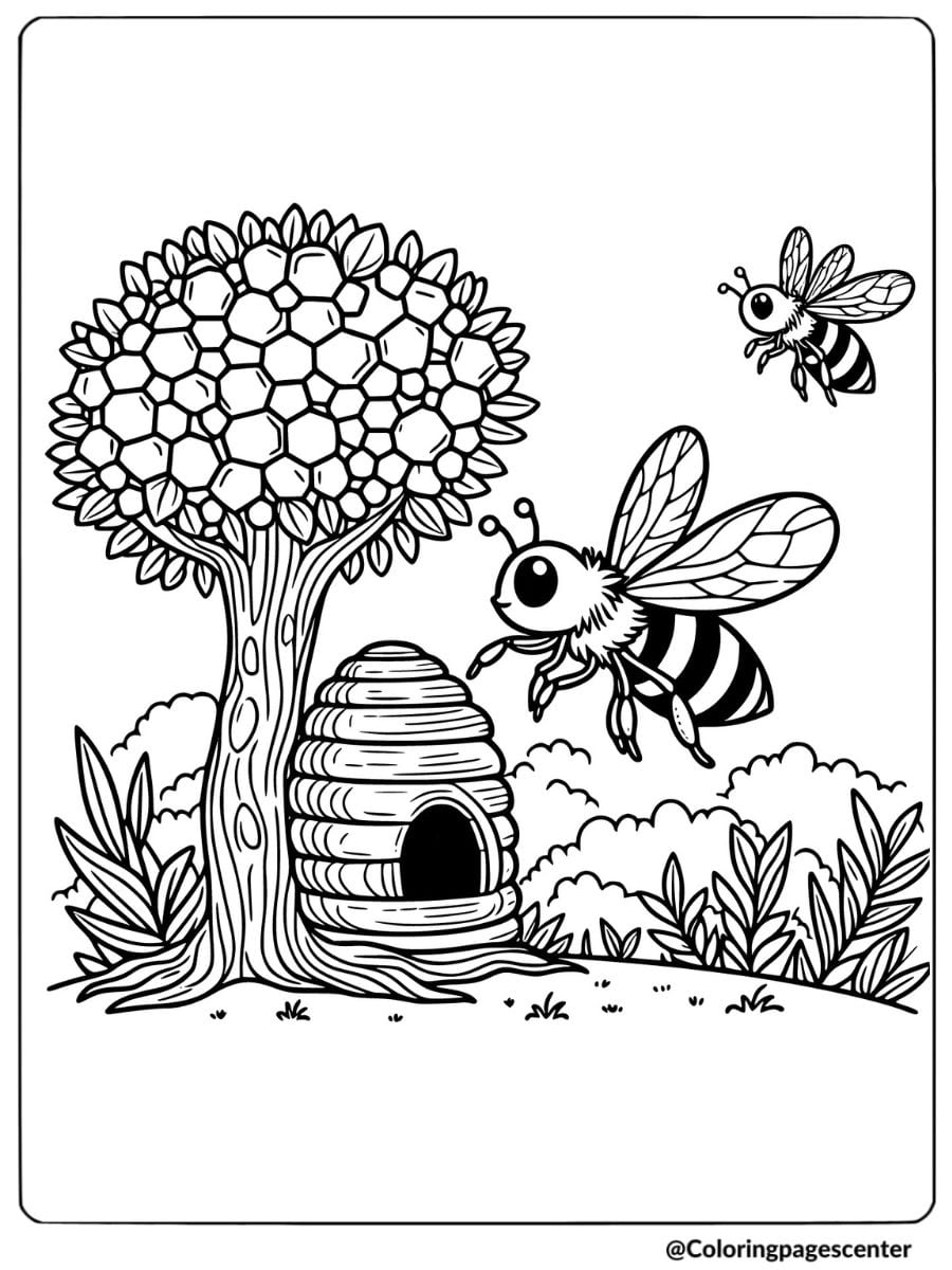 Bees buzzing around hive and tree coloring page