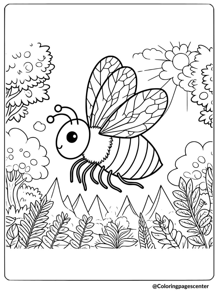 Bee flying over plants and mountains coloring page