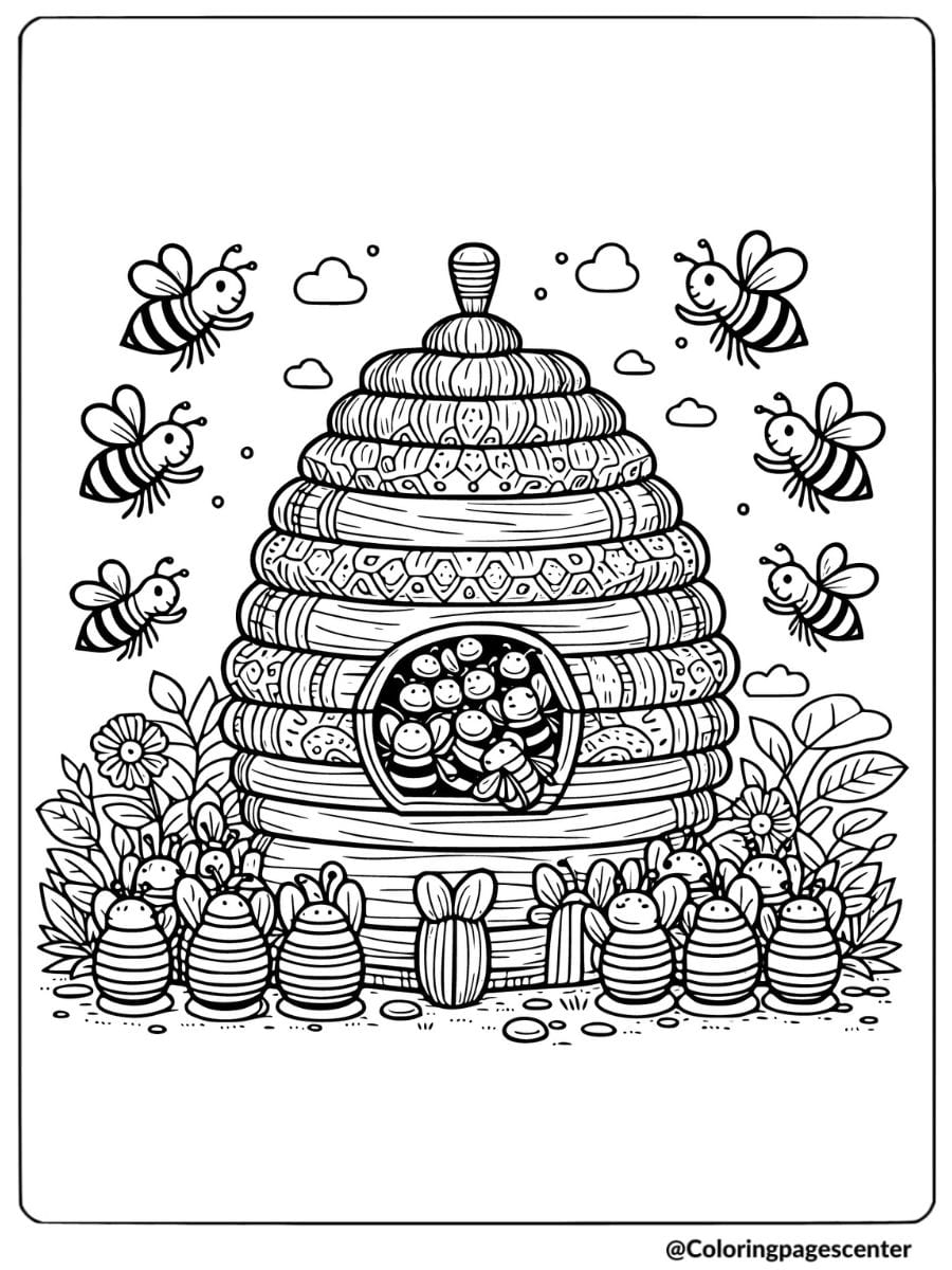 Coloring page with a beehive and a happy bee family