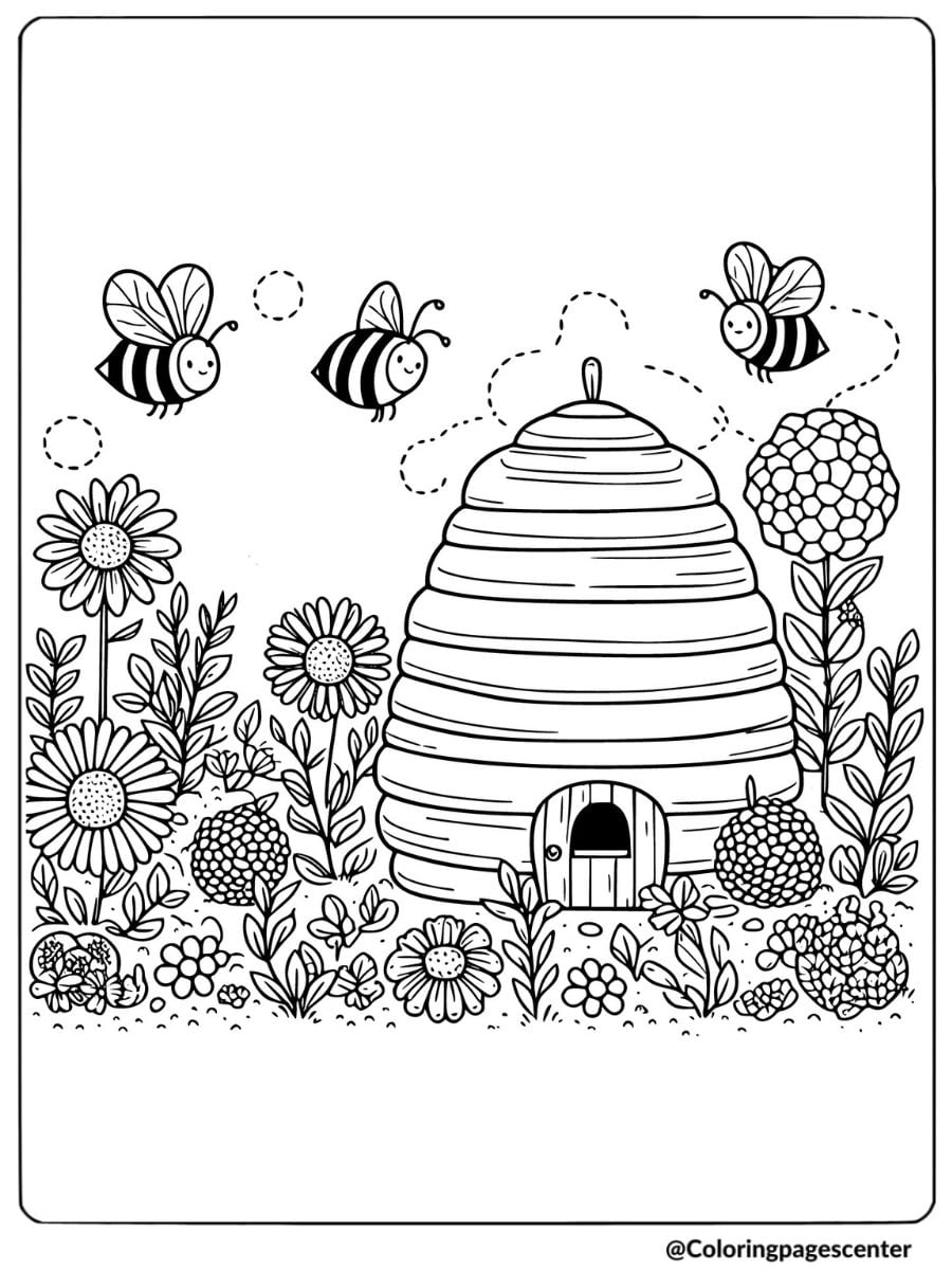 Coloring page featuring a beehive surrounded by wildflowers