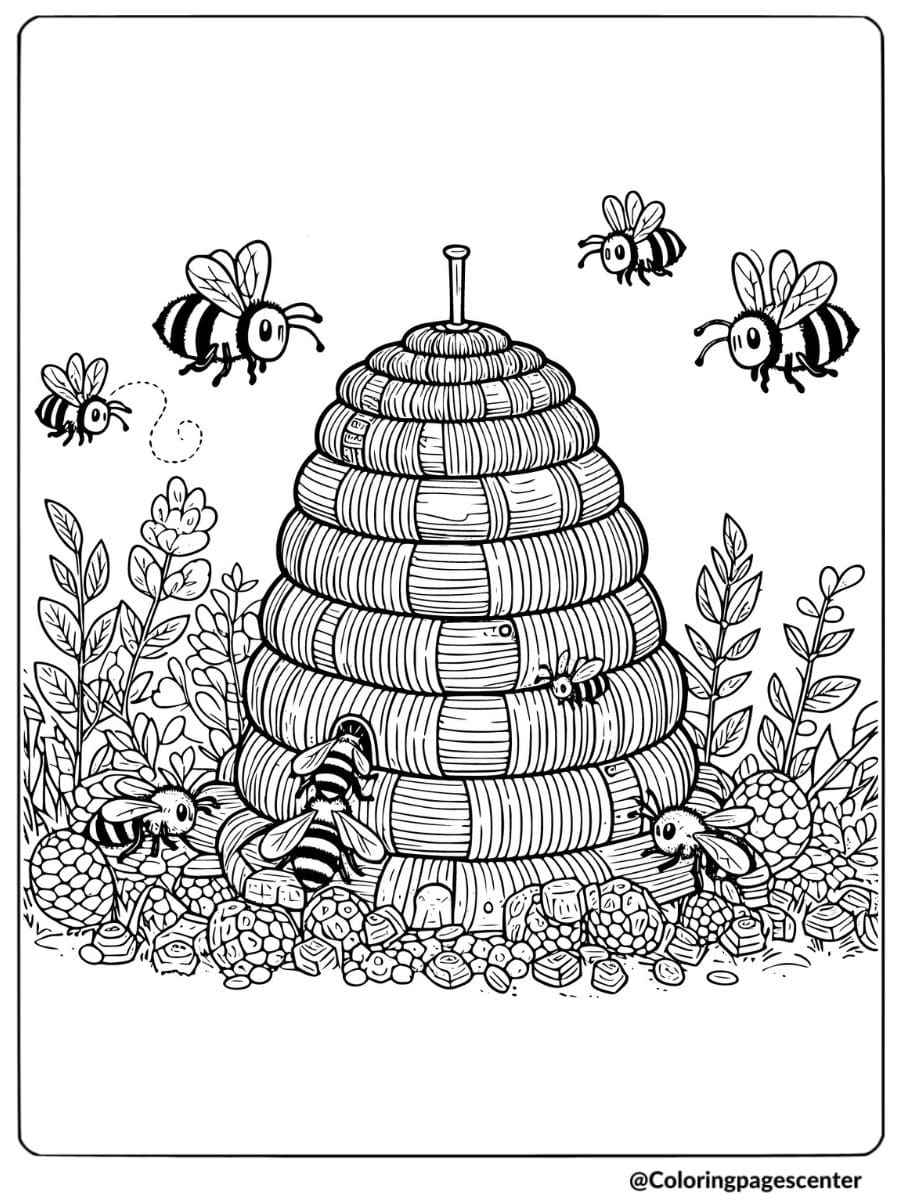 Coloring page with beehive in a meadow with flowers and bees