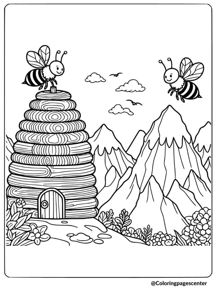 Coloring page with beehive and mountains in background