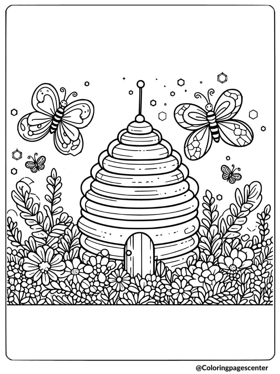 Coloring page featuring a beehive surrounded by butterflies