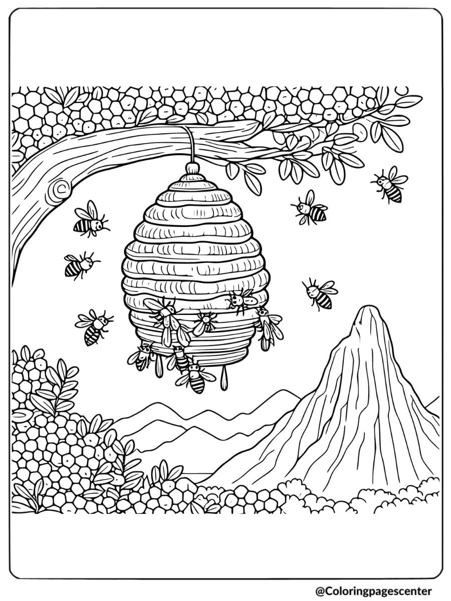 Coloring page of a beehive hanging from a tree branch