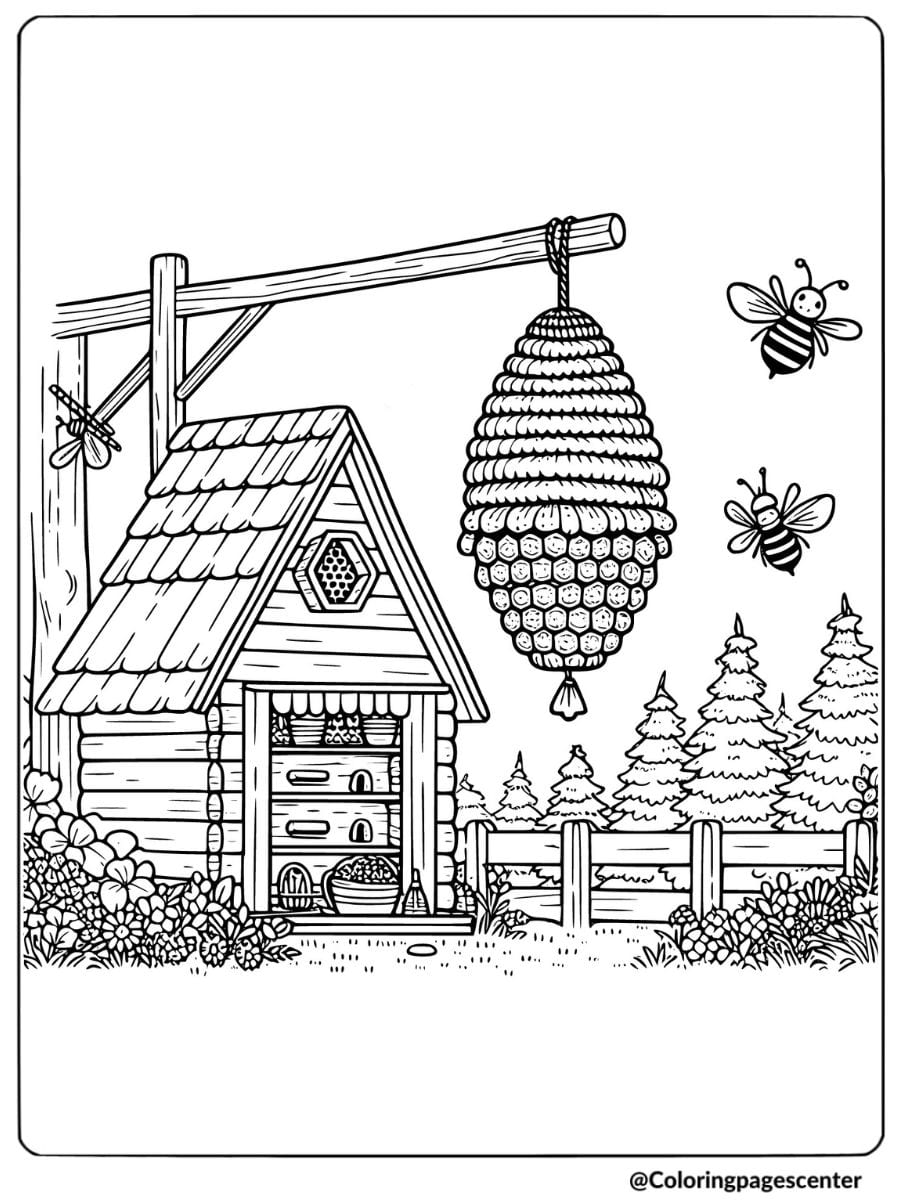 Coloring page of a rustic beehive near a small cottage