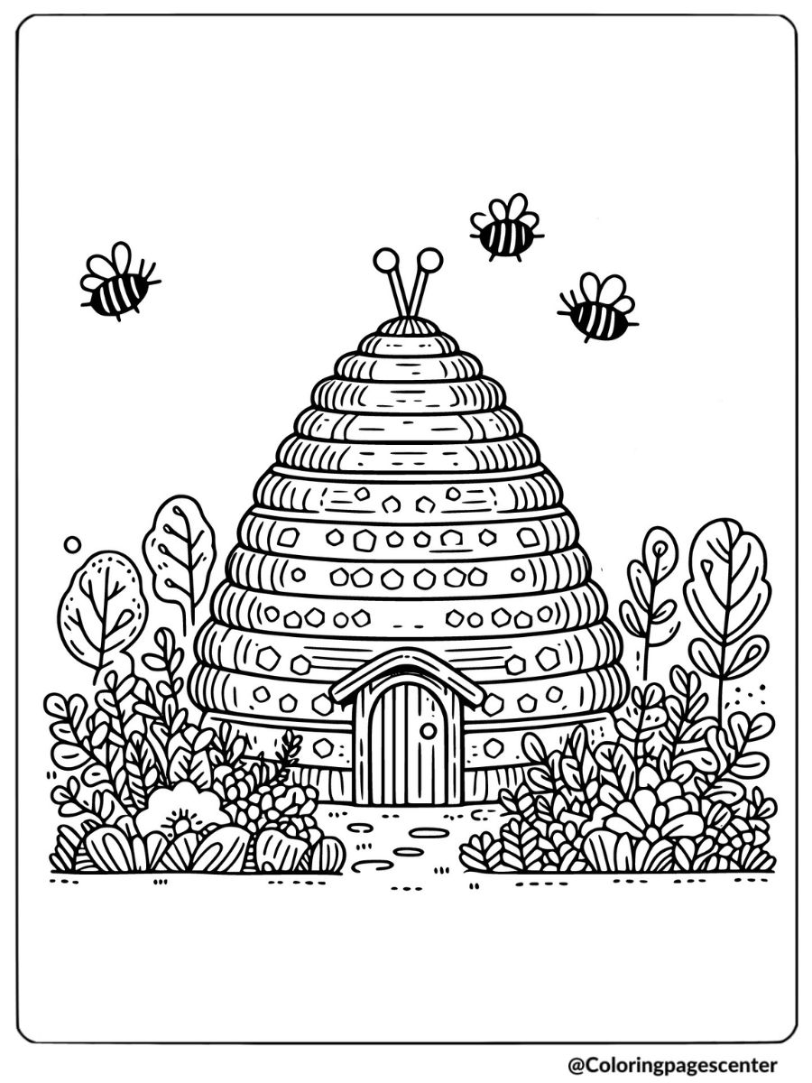 Coloring page with a simple beehive in a garden setting