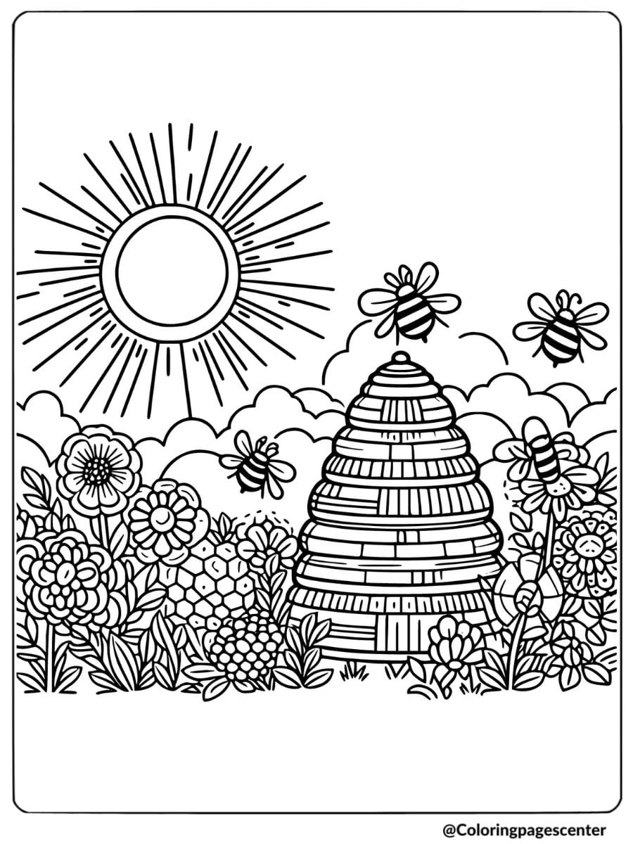 Coloring page of a beehive in a garden under the sun