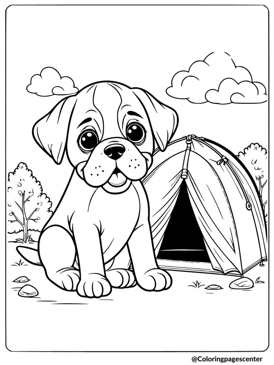 Boxer puppy sitting outside a tent in nature coloring page