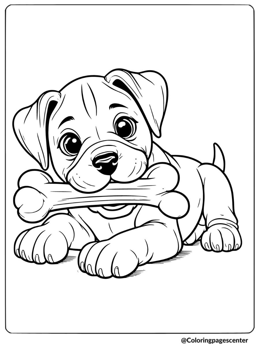 Boxer puppy enjoying a bone coloring page