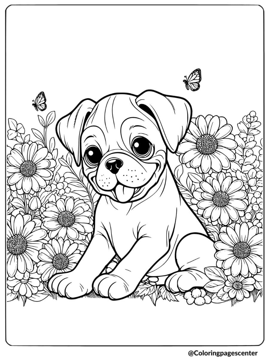 Boxer puppy surrounded by flowers and butterflies coloring page