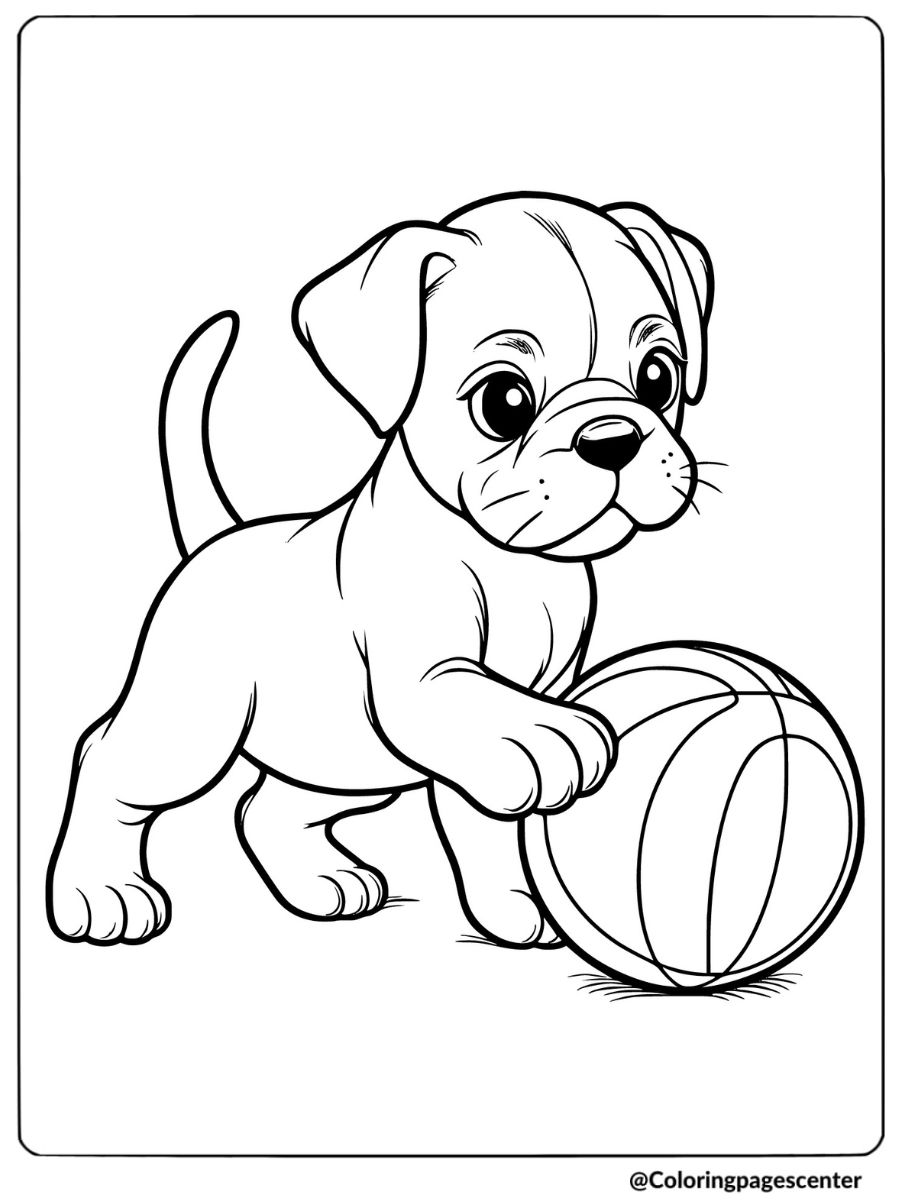 Boxer puppy excitedly playing with a ball coloring page