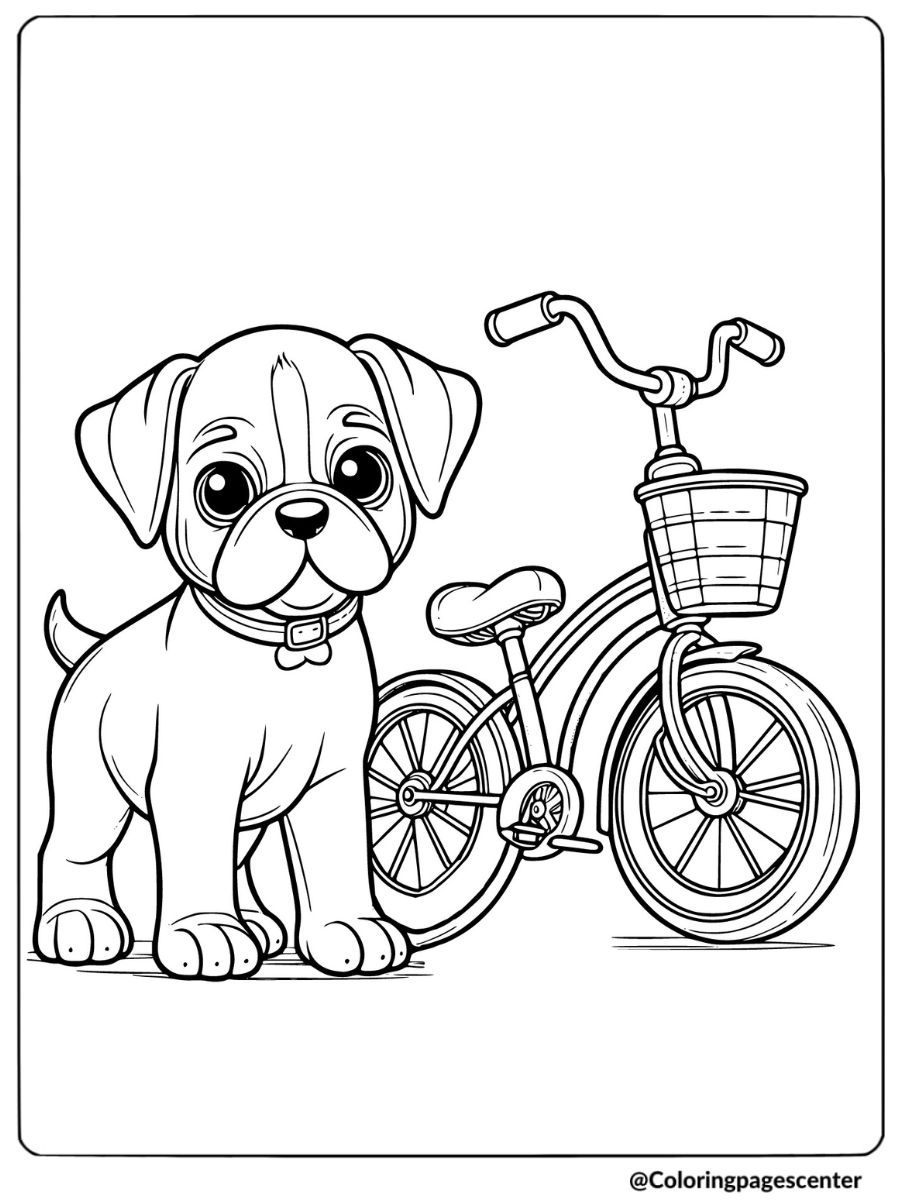 Boxer puppy standing next to a bicycle coloring page