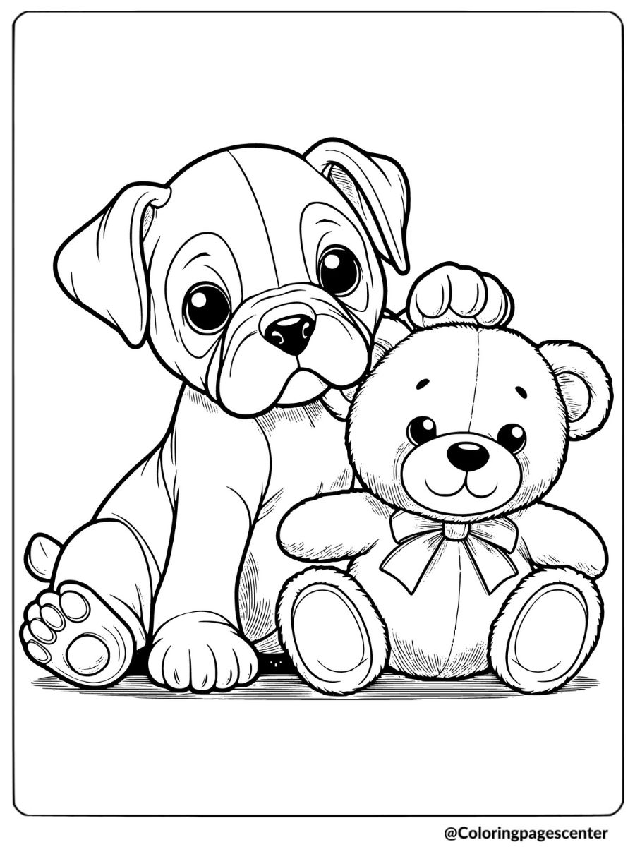 Boxer puppy cuddling with a teddy bear coloring page