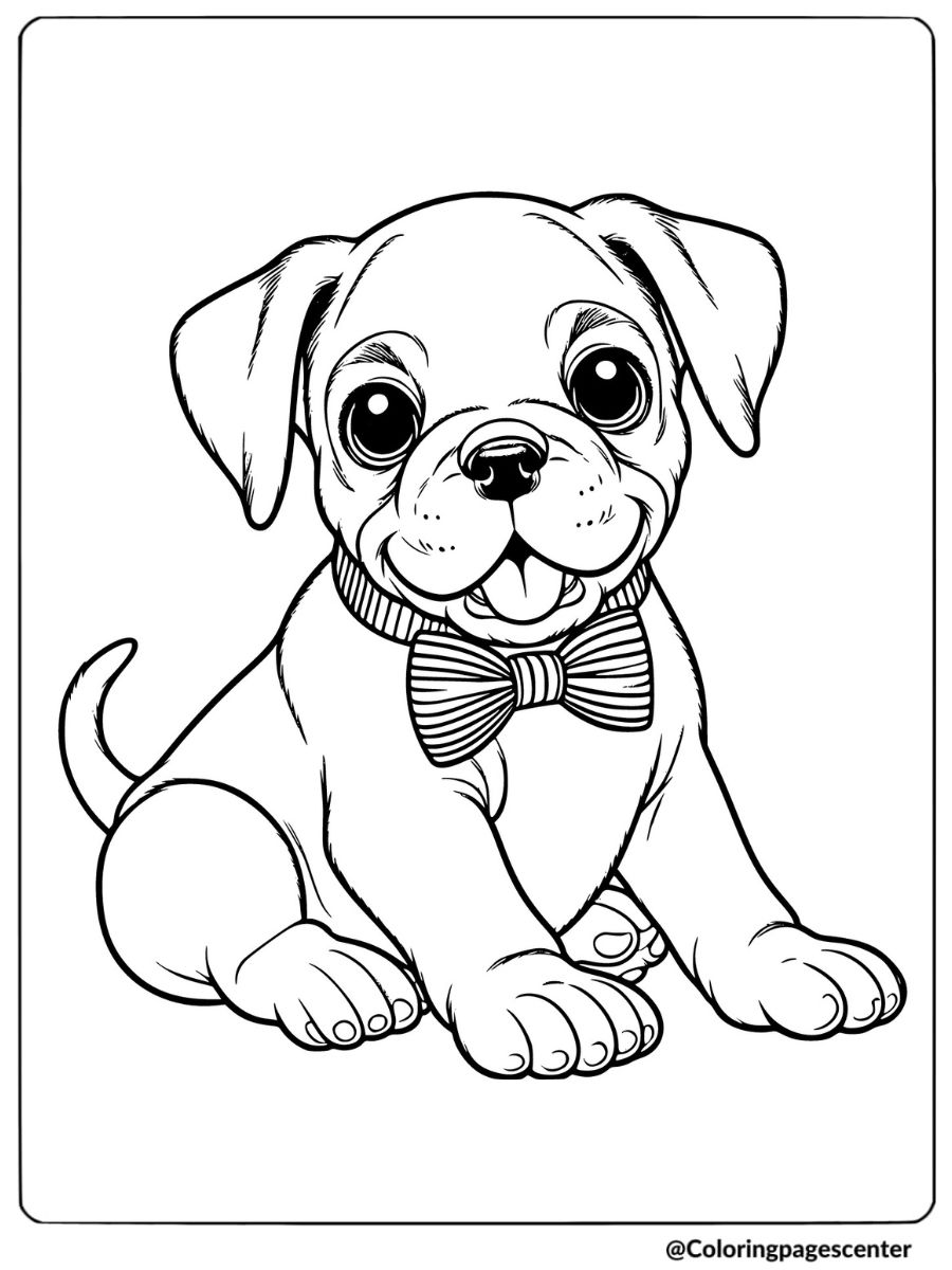 Boxer puppy wearing a bow tie, ready to play coloring page