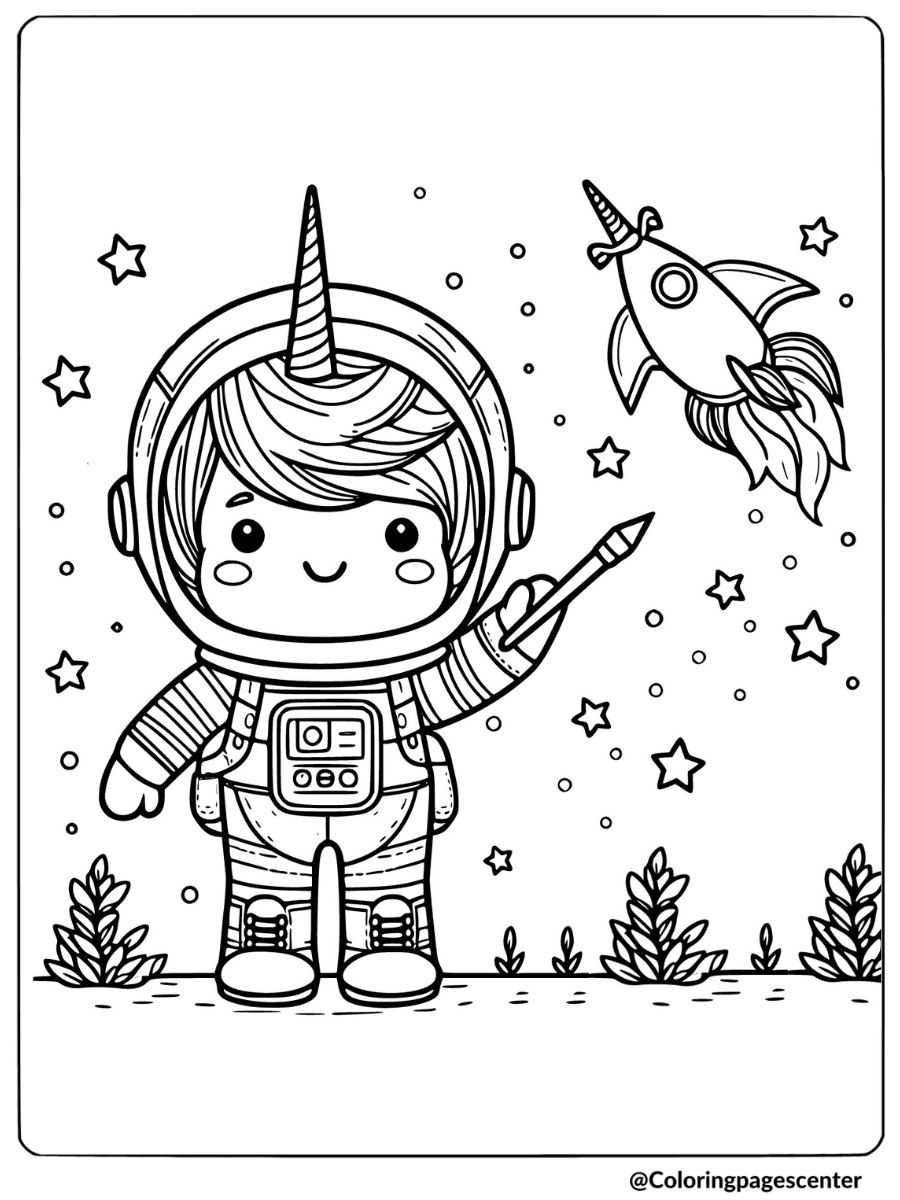 Boy unicorn in astronaut suit with rocket coloring page