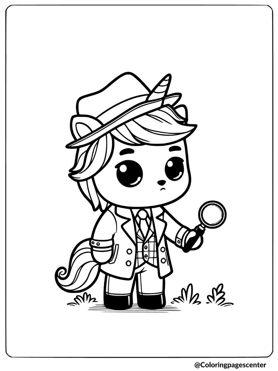 Detective boy unicorn with magnifying glass coloring page