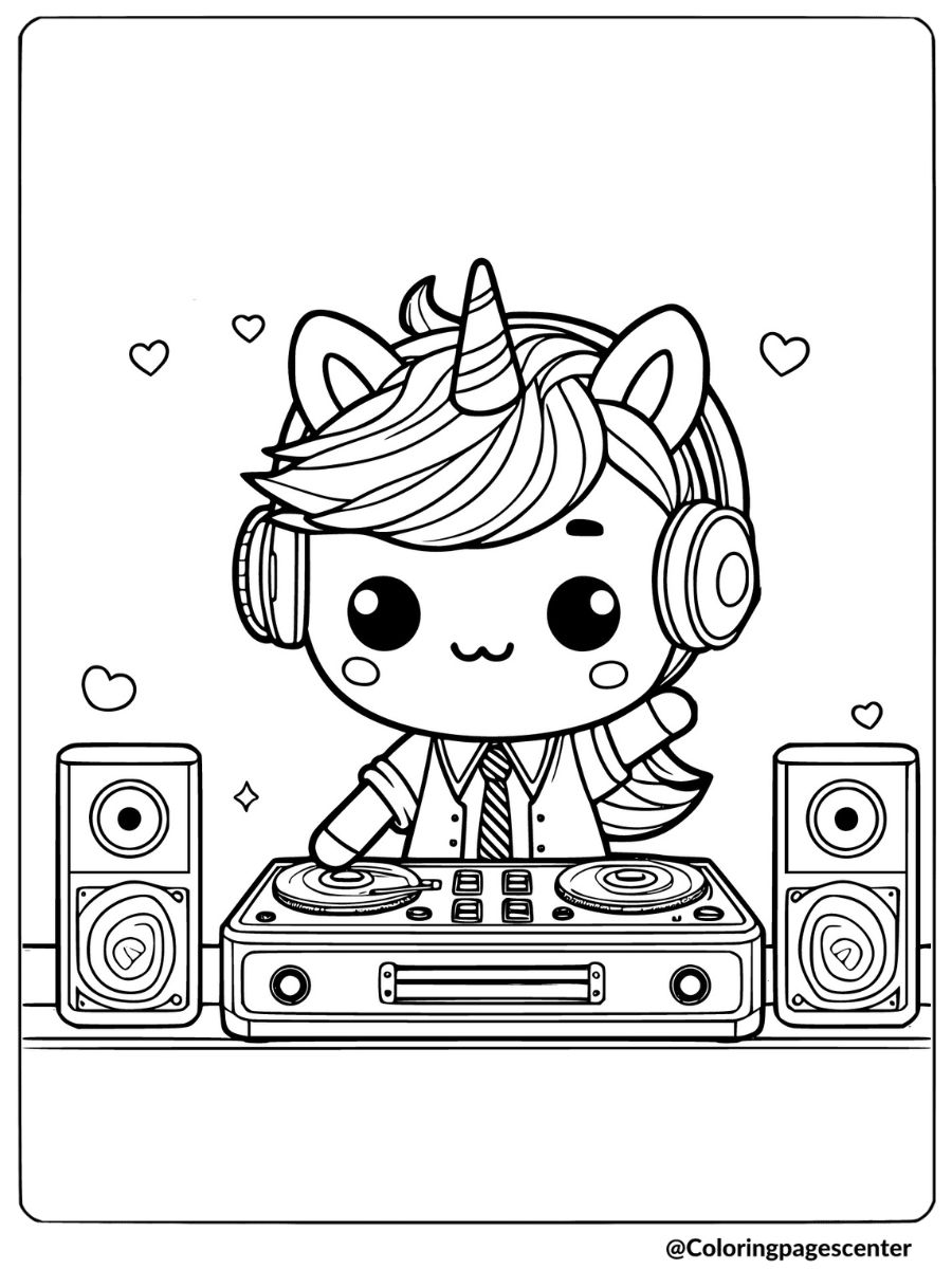 Boy unicorn as a DJ with turntables coloring page