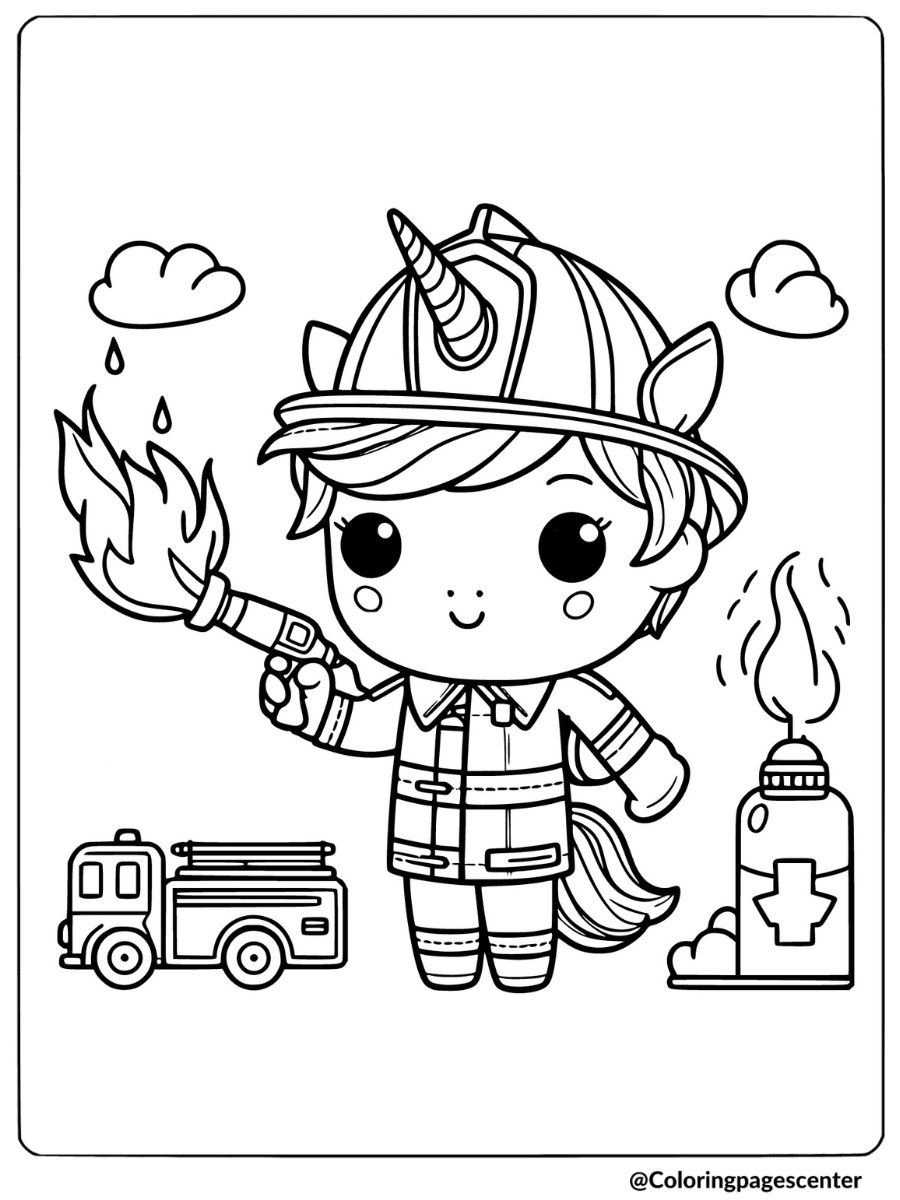 Boy unicorn in firefighter outfit with hose coloring page