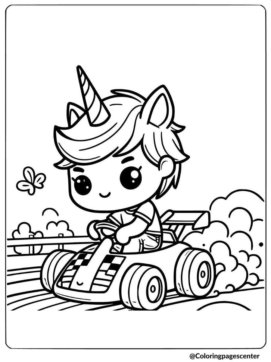 Boy unicorn driving a racing car coloring page