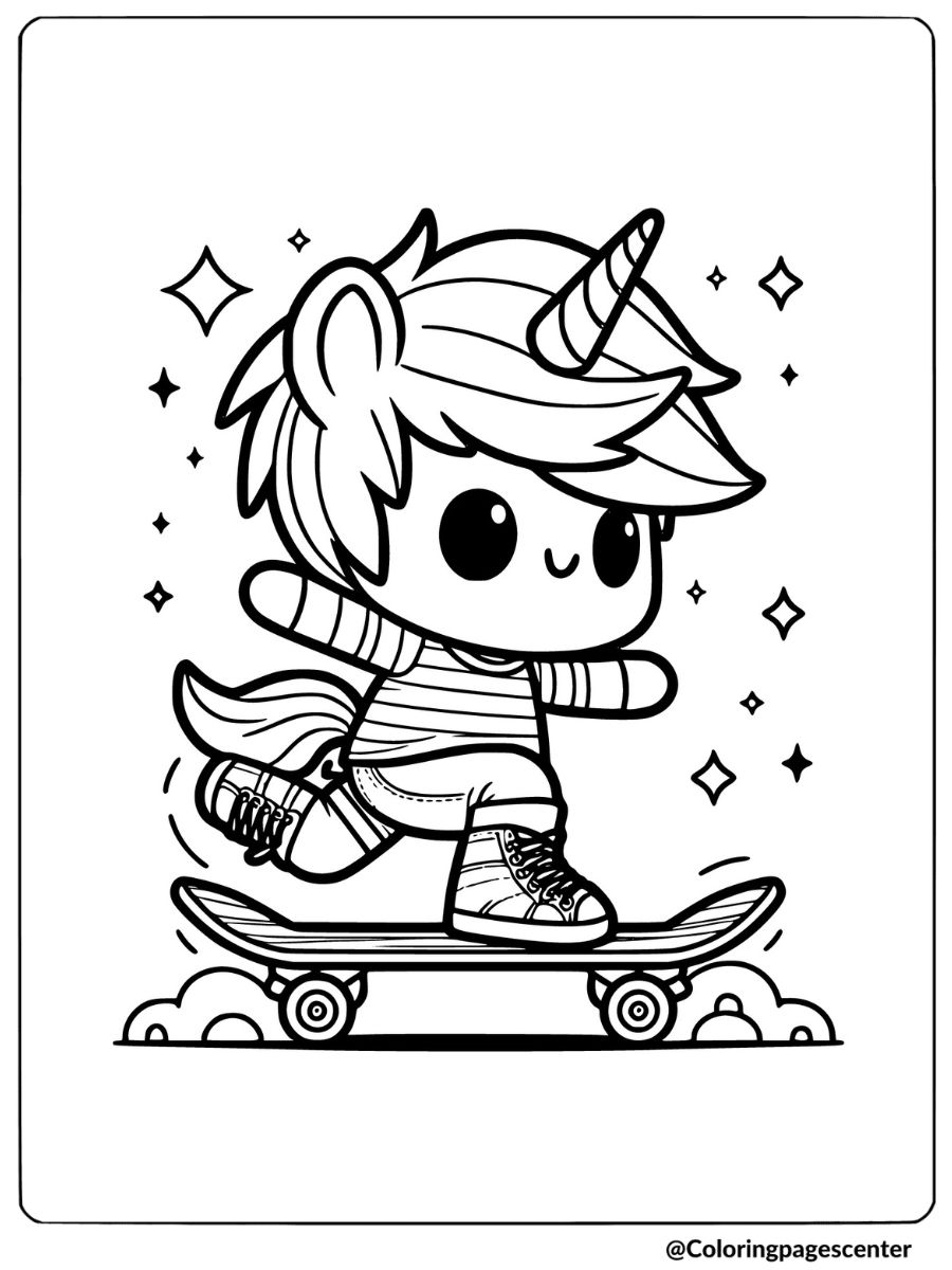 Boy unicorn riding a skateboard with sparkles coloring page