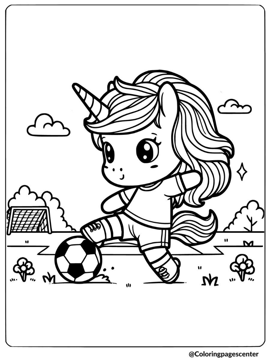 Boy unicorn kicking a soccer ball on field coloring page