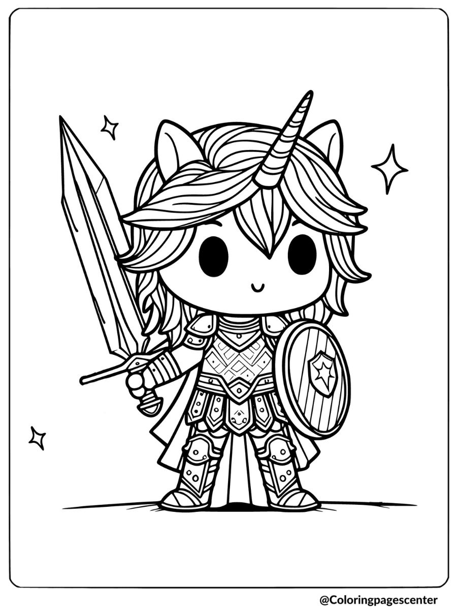 Boy unicorn in armor with sword and shield coloring page