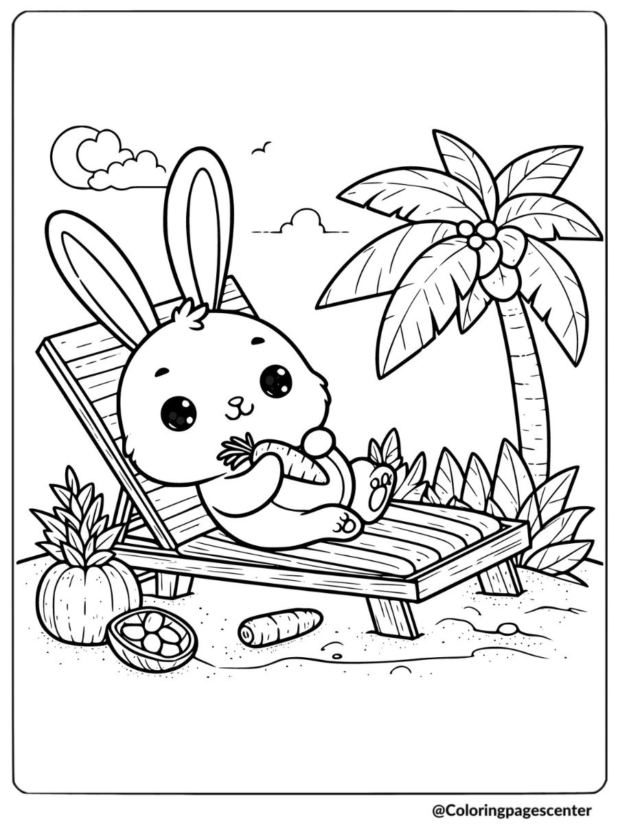 Bunny relaxing on a beach chair holding a carrot coloring page