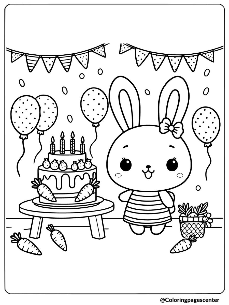 Bunny celebrating with a carrot birthday cake coloring page