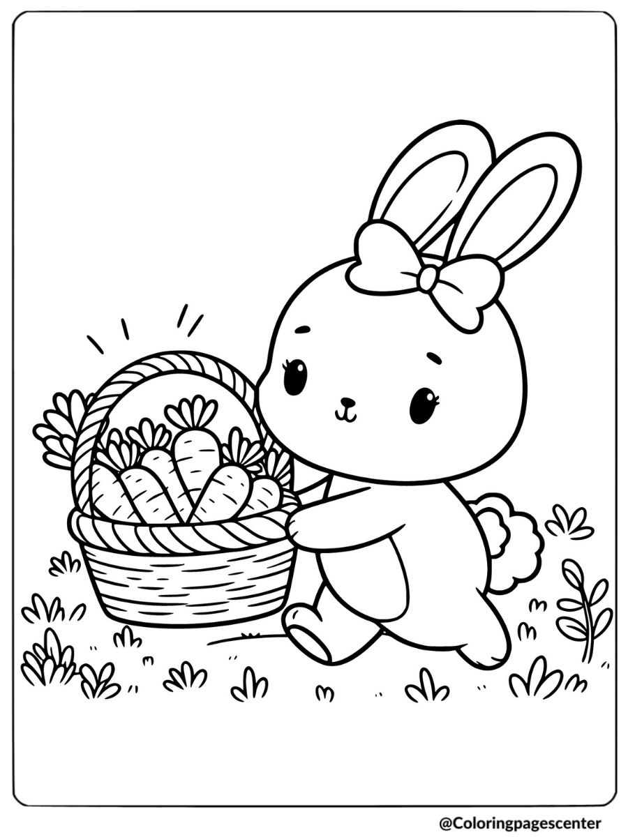 Bunny with a big basket of carrots walking in a field coloring page