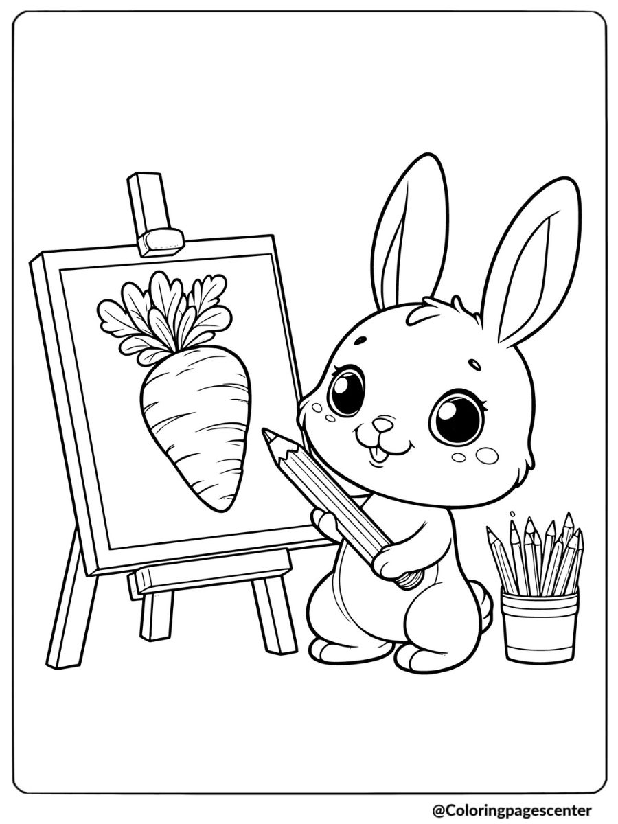 Cute bunny drawing a big carrot on an easel coloring page