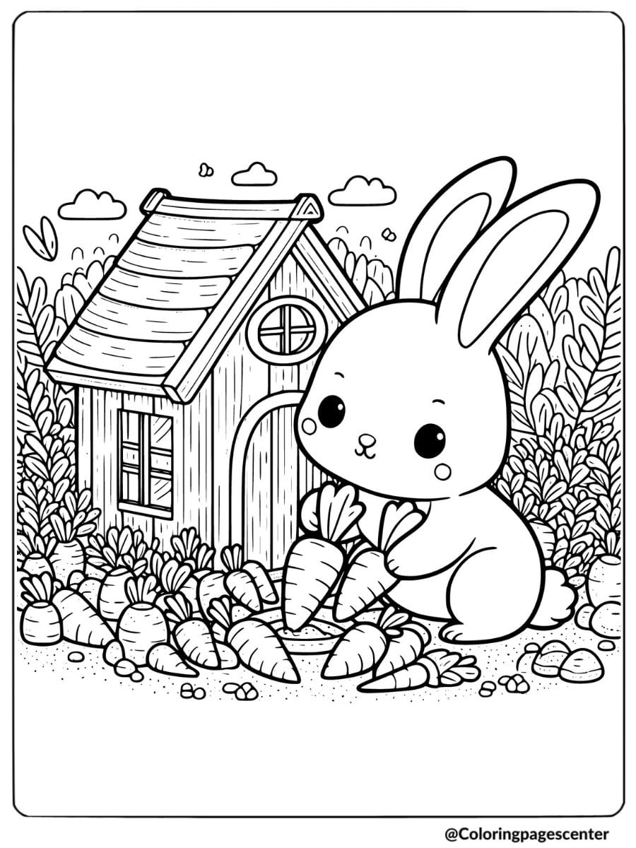 Happy bunny gathering carrots in a garden coloring page